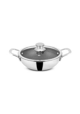 Orange Triply Stainless Steel Honeycomb Non-Stick Deep Kadai Wok Kadhai with Glass Lid | 2 L | 2.1 Qt | 20 cm | 7.9 Inch