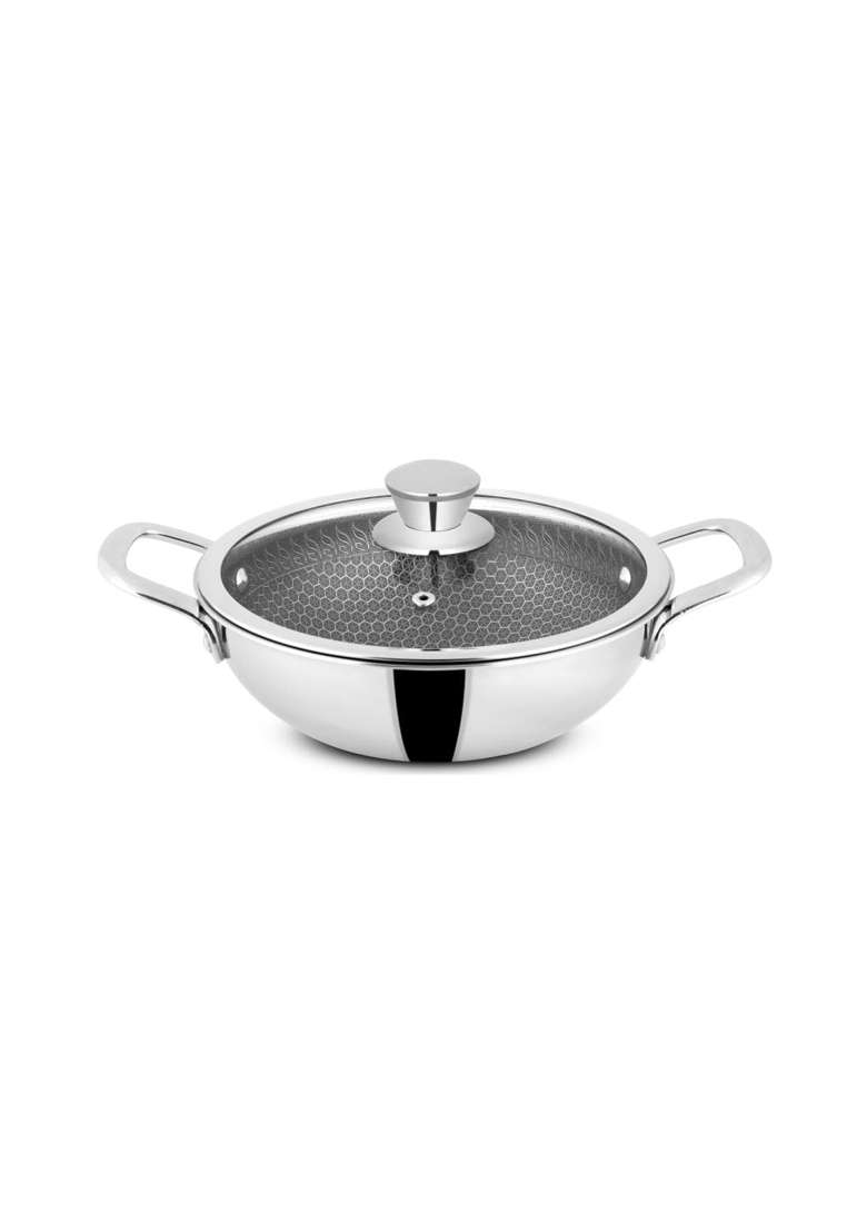 Orange Triply Stainless Steel Honeycomb Non-Stick Deep Kadai Wok Kadhai with Glass Lid | 2 L | 2.1 Qt | 20 cm | 7.9 Inch - Indya