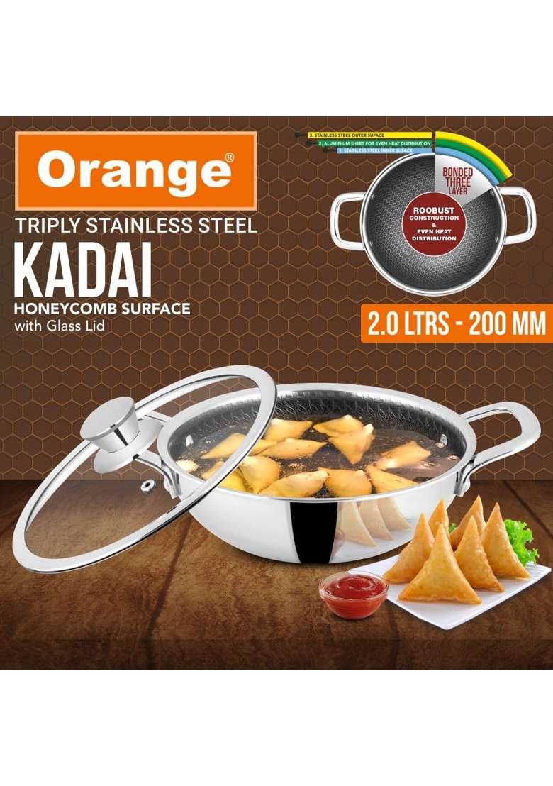 Orange Triply Stainless Steel Honeycomb Non-Stick Deep Kadai Wok Kadhai with Glass Lid | 2 L | 2.1 Qt | 20 cm | 7.9 Inch - Indya