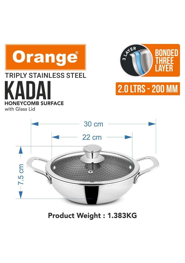Orange Triply Stainless Steel Honeycomb Non-Stick Deep Kadai Wok Kadhai with Glass Lid | 2 L | 2.1 Qt | 20 cm | 7.9 Inch - Indya