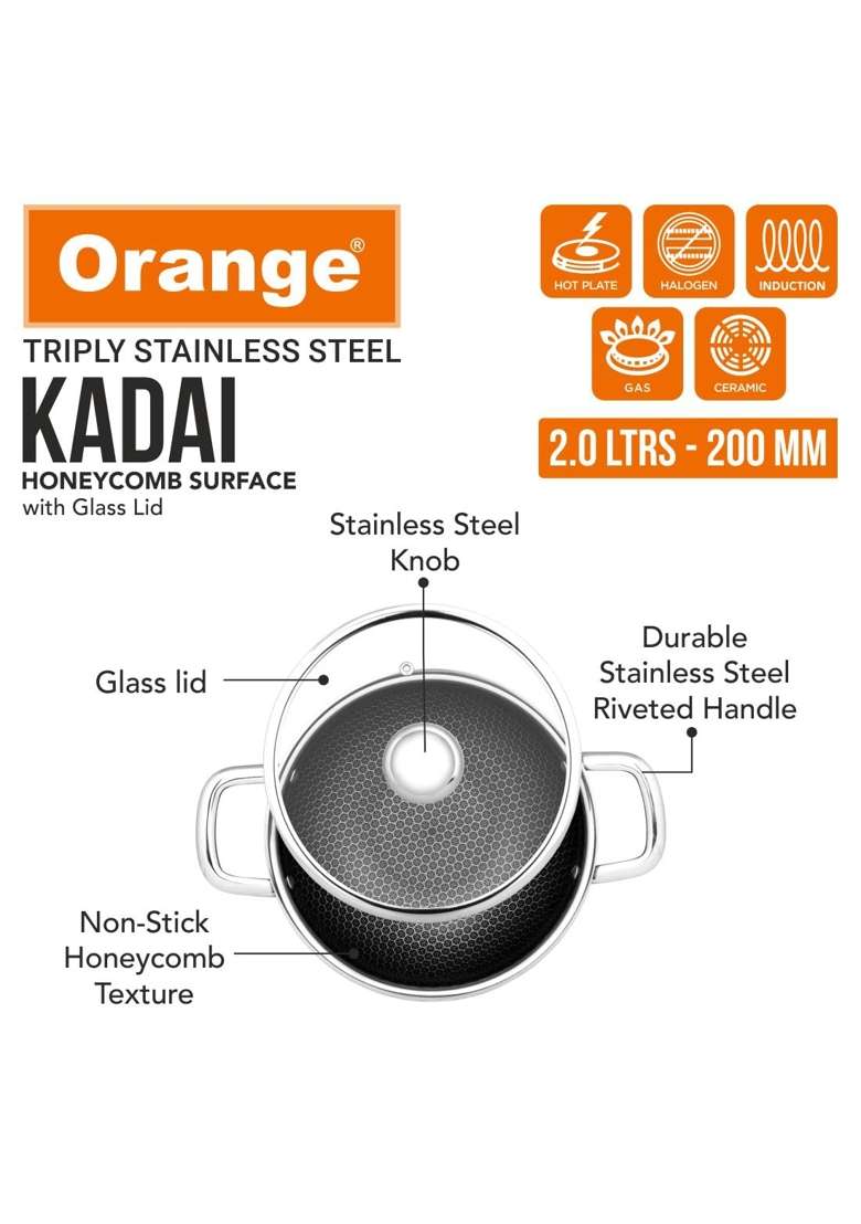 Orange Triply Stainless Steel Honeycomb Non-Stick Deep Kadai Wok Kadhai with Glass Lid | 2 L | 2.1 Qt | 20 cm | 7.9 Inch - Indya
