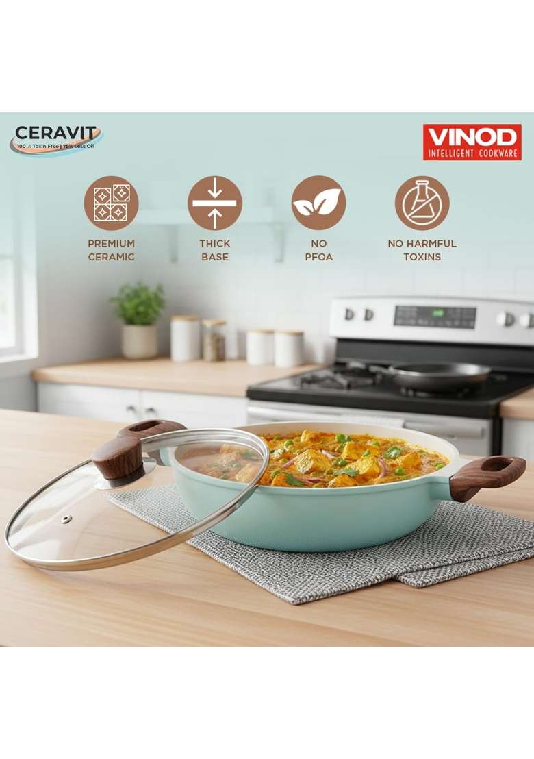 Vinod Ceravit Ceramic Nonstick Deep Kadai Wok with Glass Lid | 1.8 L | 1.9 Qt | 22 cm | 8.7 Inch | Induction Compatible | PFOA Free - Indya