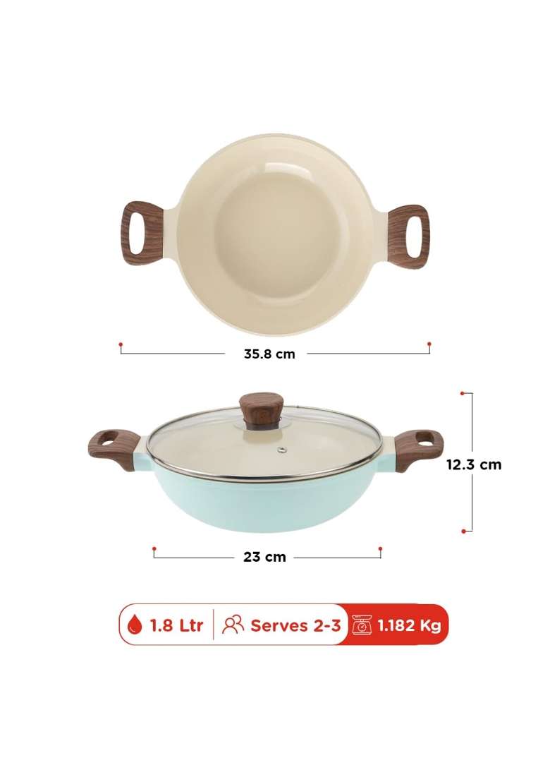 Vinod Ceravit Ceramic Nonstick Deep Kadai Wok with Glass Lid | 1.8 L | 1.9 Qt | 22 cm | 8.7 Inch | Induction Compatible | PFOA Free - Indya