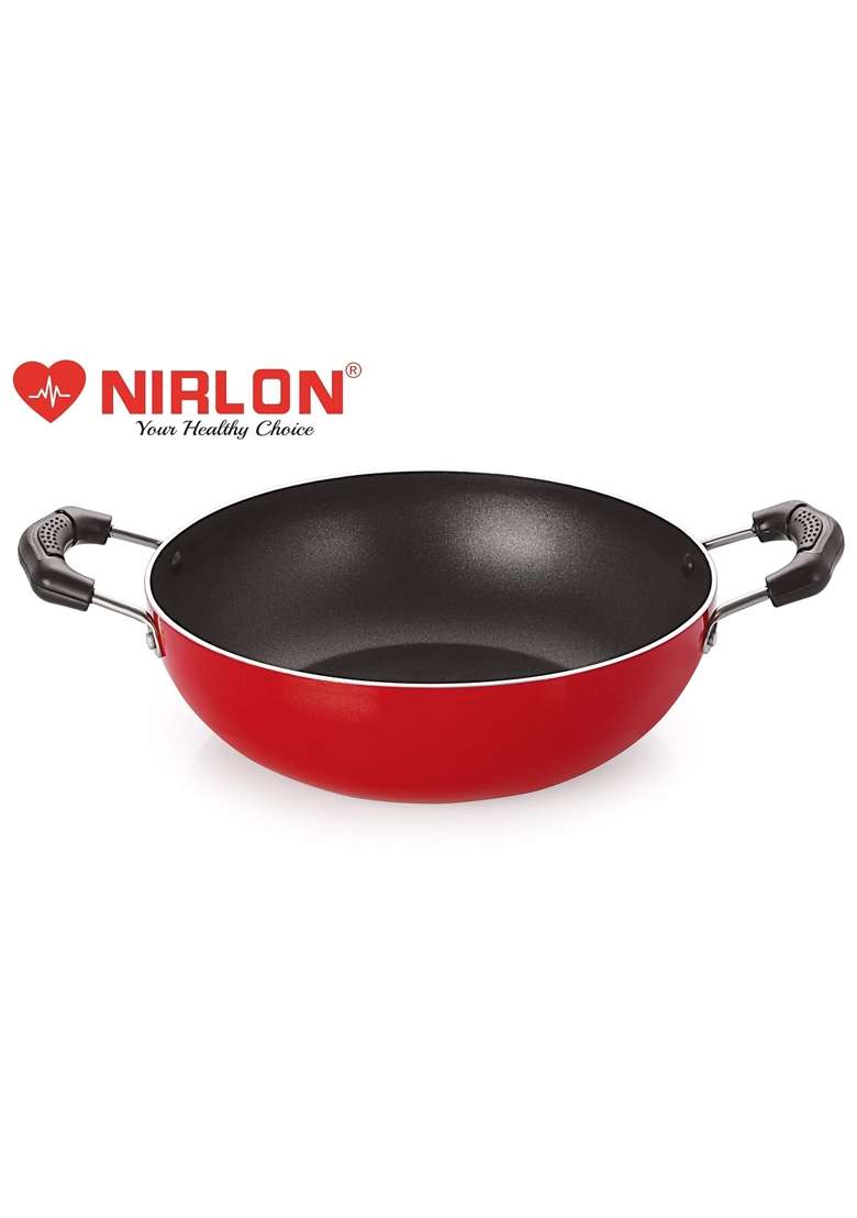 NIRLON Cooking Non-Stick Aluminium Round Bottom Deep-Stir Kadai Wok Pans | 2.5 L | 2.6 Qt | 25 cm | 9.8 Inch - Indya