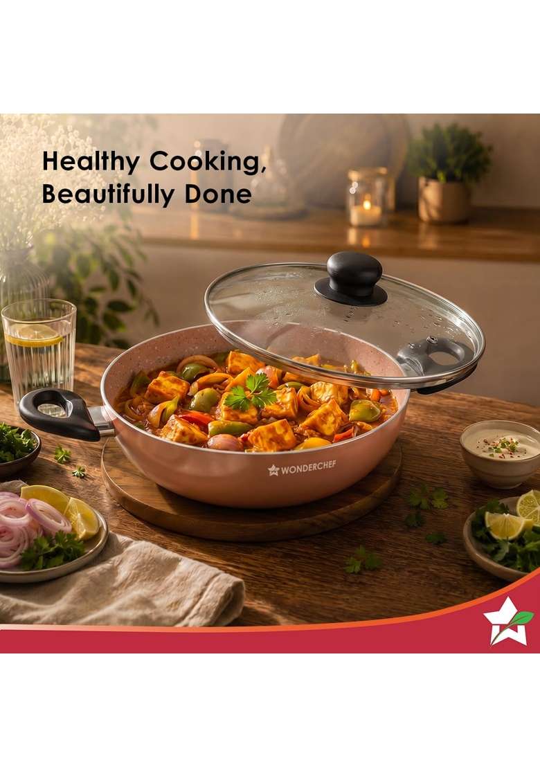 Wonderchef Vitalife Non-Stick Kadhai Wok and Glass Lid for Kitchen | 2.5 L | 2.6 Qt | 24 cm | 9.4 Inch | Induction Compatible | PFOA Free - Indya