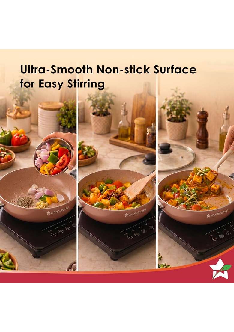 Wonderchef Vitalife Non-Stick Kadhai Wok and Glass Lid for Kitchen | 2.5 L | 2.6 Qt | 24 cm | 9.4 Inch | Induction Compatible | PFOA Free - Indya