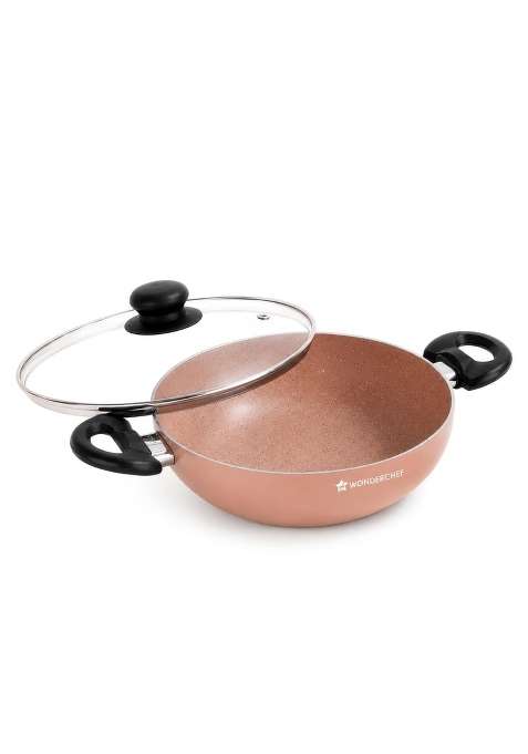 Wonderchef Vitalife Non-Stick Kadhai Wok and Glass Lid for Kitchen | 2.5 L | 2.6 Qt | 24 cm | 9.4 Inch | Induction Compatible | PFOA Free