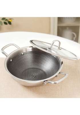 Nestasia Triply Stainless Steel Honeycomb Kadai Wok with Glass Lid | 3.5 L | 3.7 Qt | 26 cm | 10.2 Inch | Induction Compatible | Non-Stick