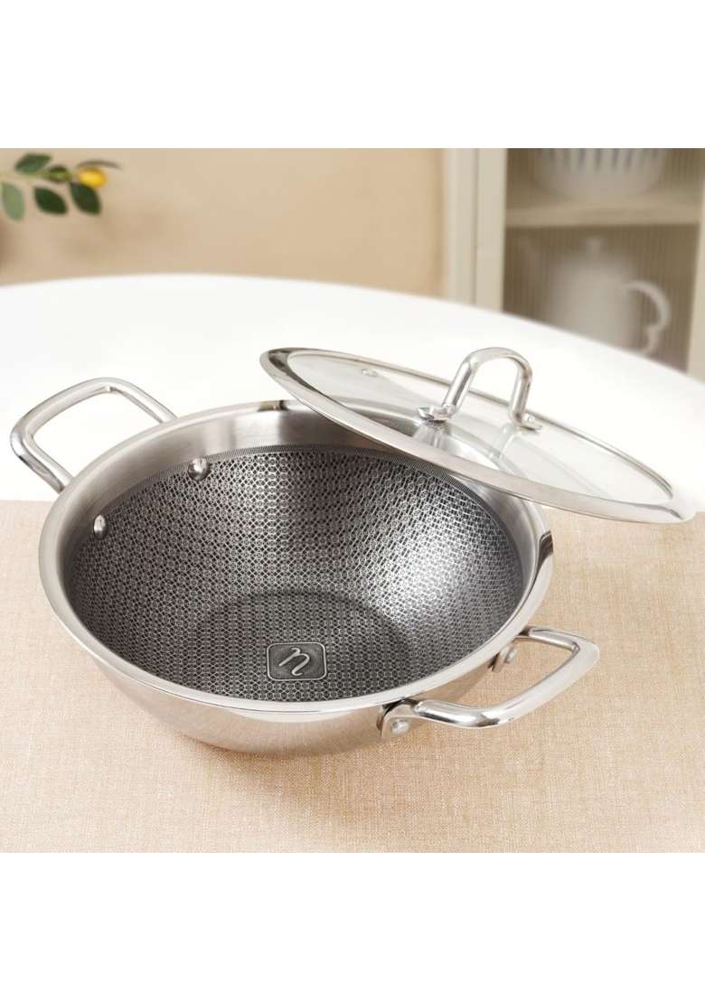 Nestasia Triply Stainless Steel Honeycomb Kadai Wok with Glass Lid | 3.5 L | 3.7 Qt | 26 cm | 10.2 Inch | Induction Compatible | Non-Stick - Indya