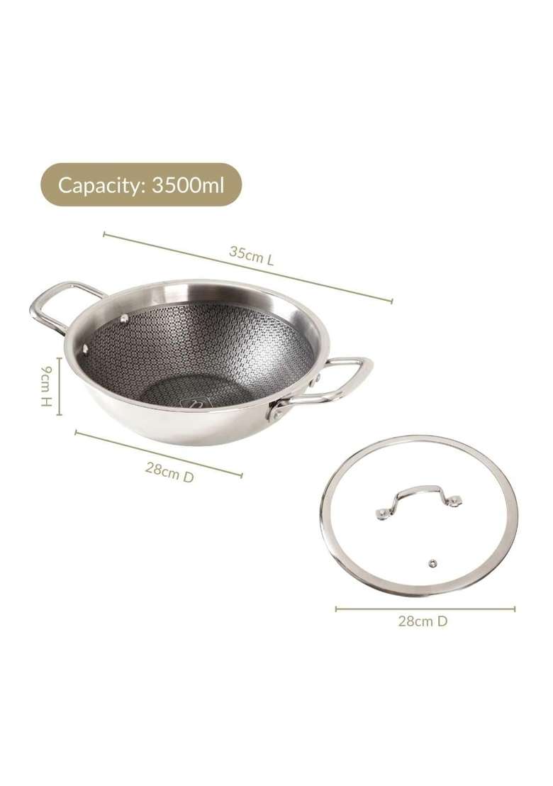 Nestasia Triply Stainless Steel Honeycomb Kadai Wok with Glass Lid | 3.5 L | 3.7 Qt | 26 cm | 10.2 Inch | Induction Compatible | Non-Stick - Indya