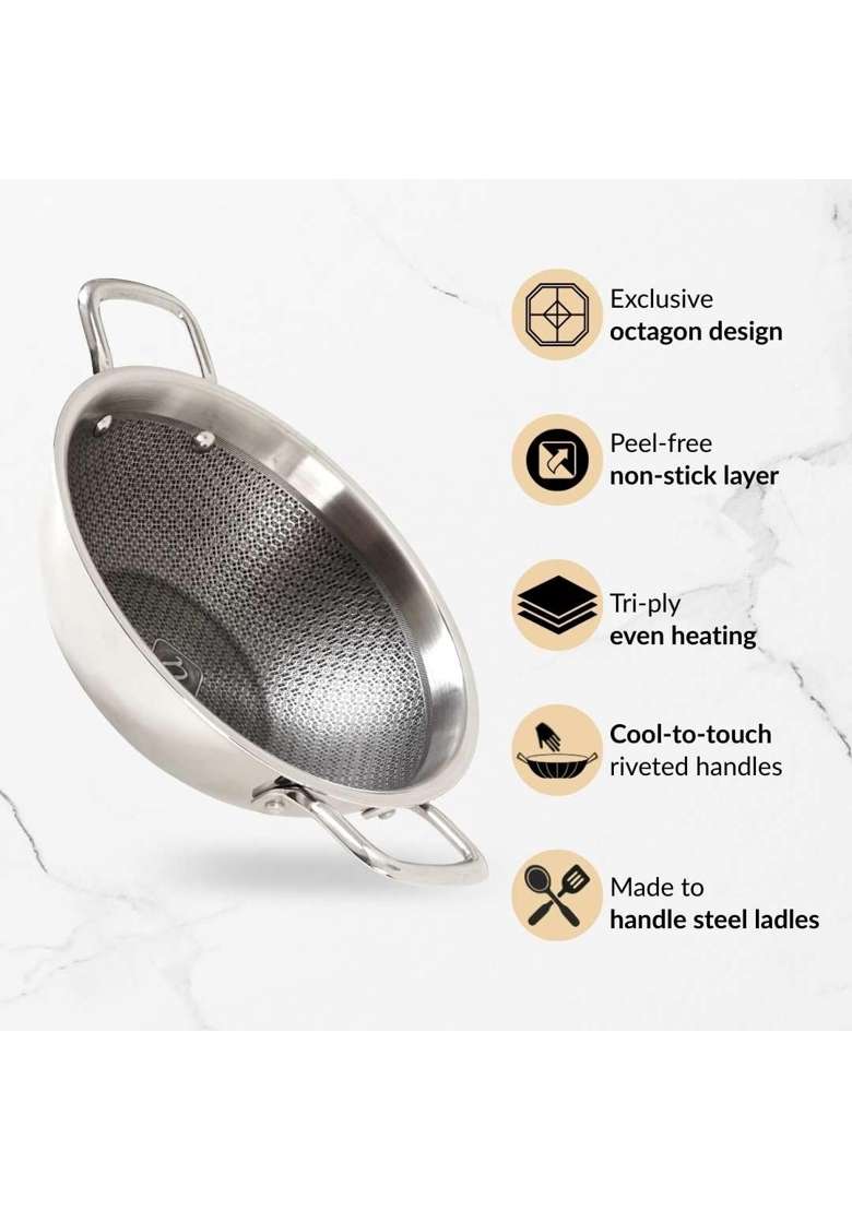 Nestasia Triply Stainless Steel Honeycomb Kadai Wok with Glass Lid | 3.5 L | 3.7 Qt | 26 cm | 10.2 Inch | Induction Compatible | Non-Stick - Indya