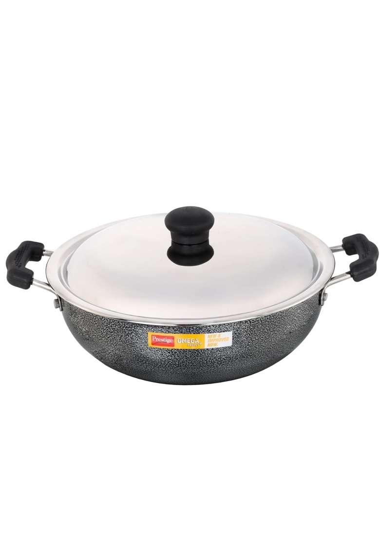 Prestige Aluminium Omega Select Plus Non-Stick Round Base Kadhai Wok with Lid | 25 cm | 9.8 Inch - Indya