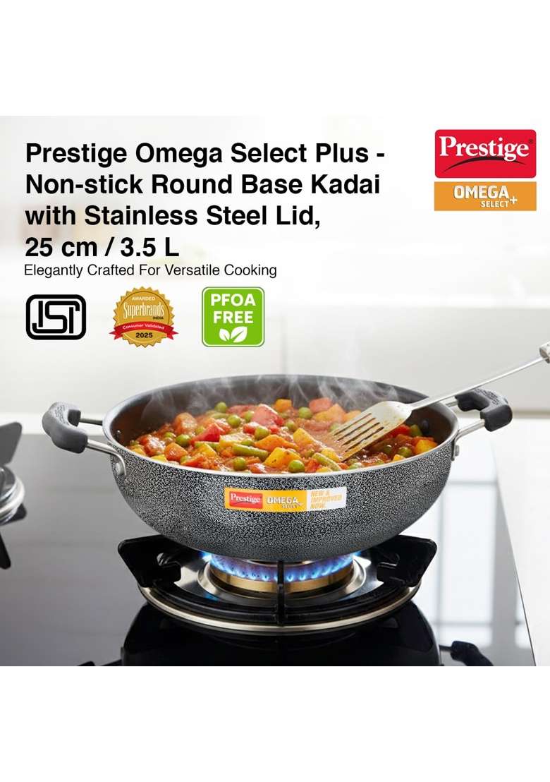 Prestige Aluminium Omega Select Plus Non-Stick Round Base Kadhai Wok with Lid | 25 cm | 9.8 Inch - Indya