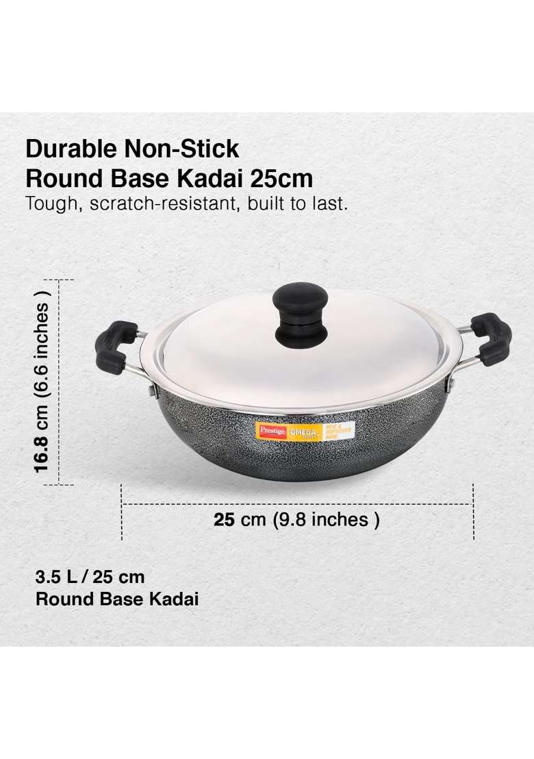 Prestige Aluminium Omega Select Plus Non-Stick Round Base Kadhai Wok with Lid | 25 cm | 9.8 Inch - Indya