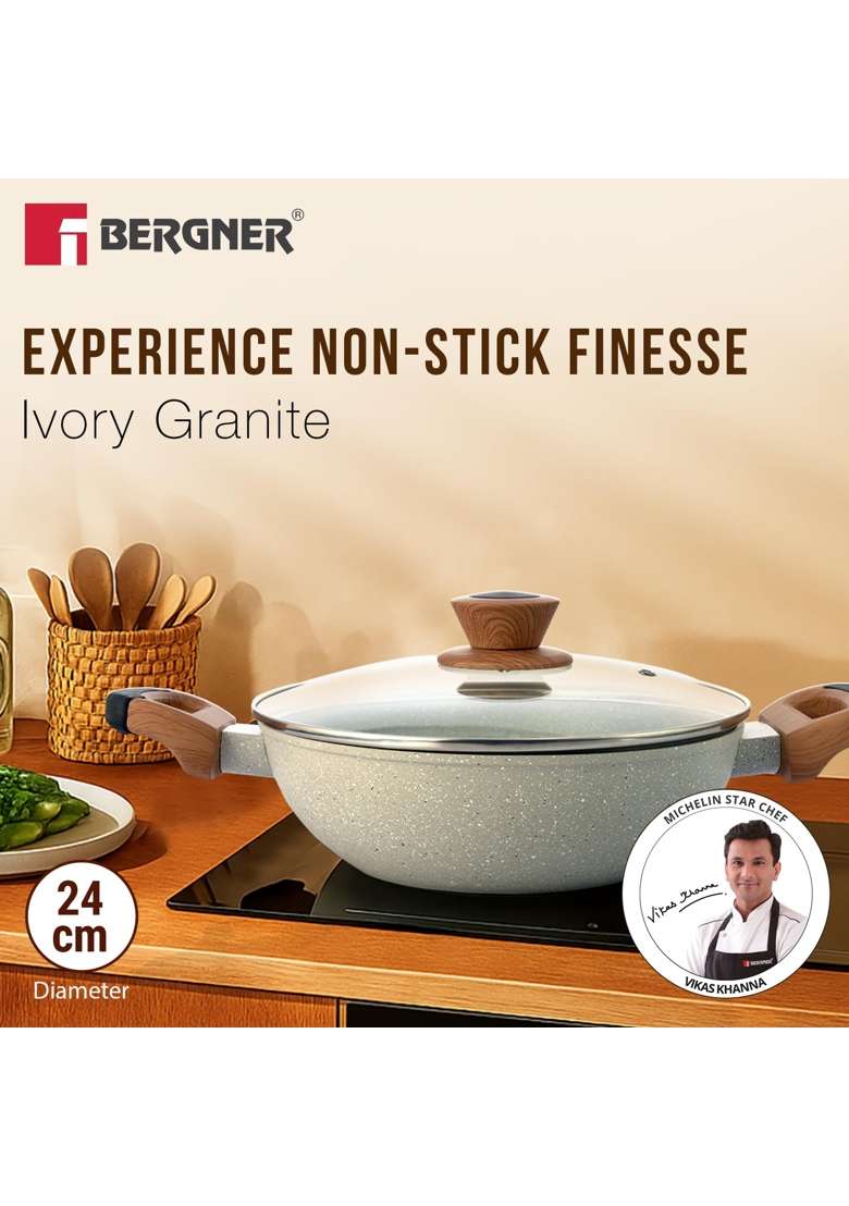 BERGNER Ivory Granite Non-Stick | 2.5 L | 2.6 Qt | 24 cm | 9.4 Inch | Induction Compatible | PFOA Free | With Lid - Indya