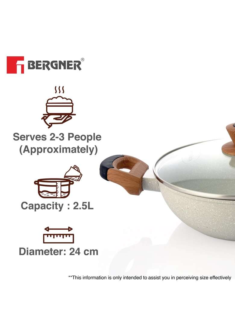 BERGNER Ivory Granite Non-Stick | 2.5 L | 2.6 Qt | 24 cm | 9.4 Inch | Induction Compatible | PFOA Free | With Lid - Indya