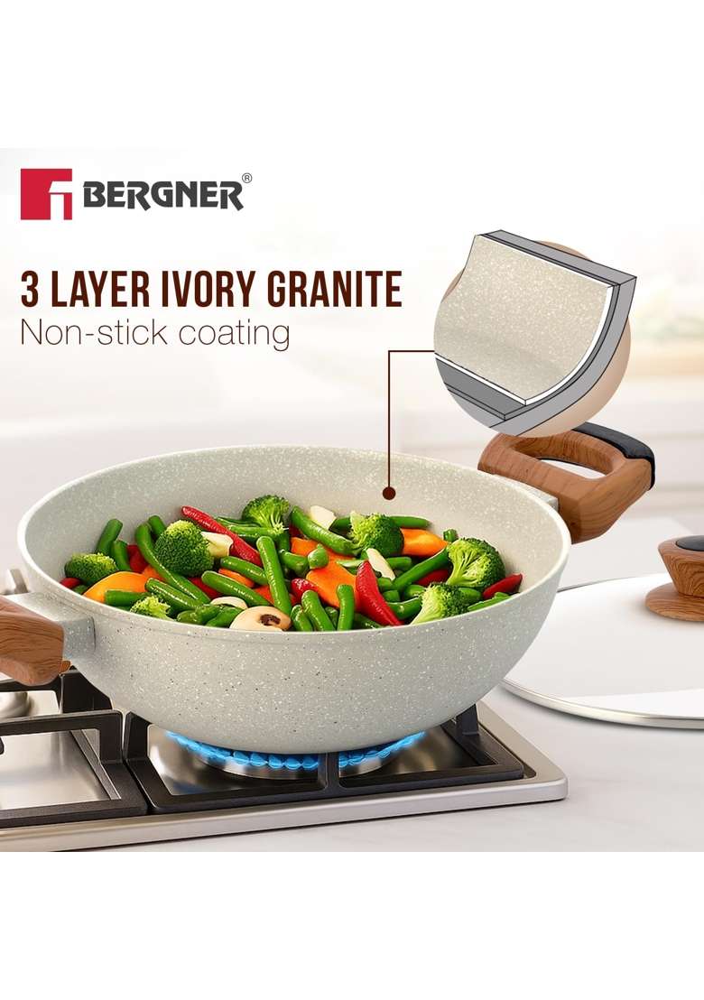 BERGNER Ivory Granite Non-Stick | 2.5 L | 2.6 Qt | 24 cm | 9.4 Inch | Induction Compatible | PFOA Free | With Lid - Indya