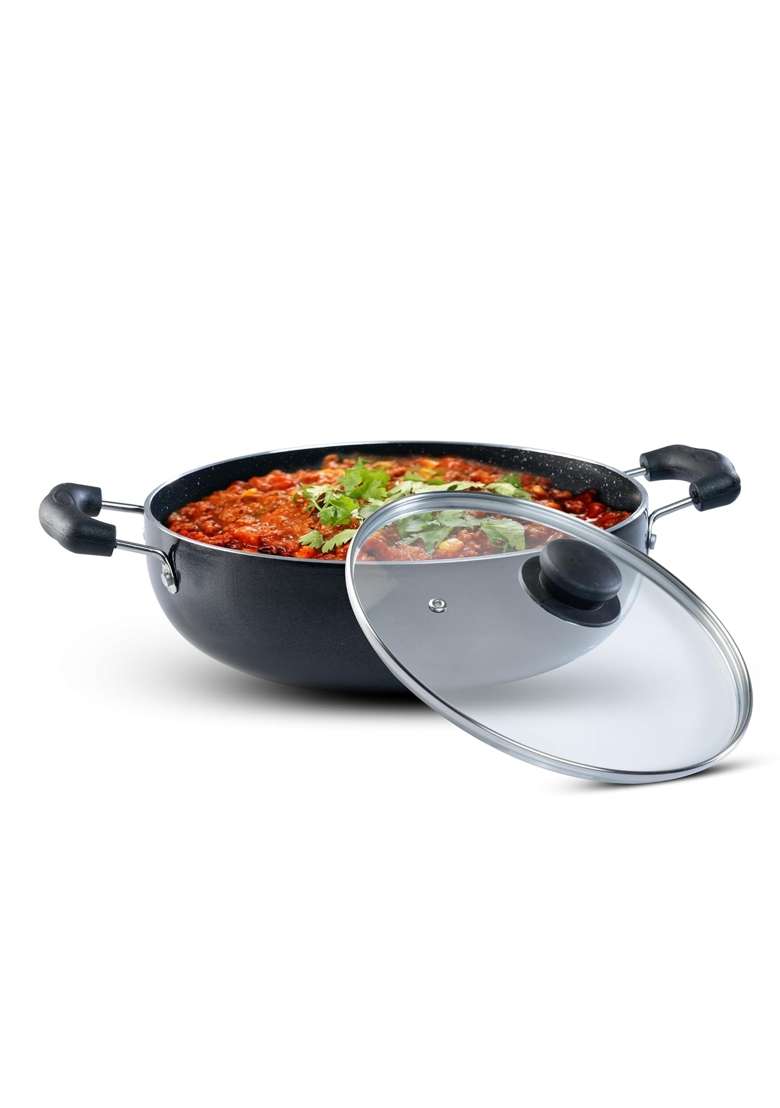 AGARO Elegant Non Stick Kadai Wok with Glass Lid | 3.5 L | 3.7 Qt | 26 cm | 10.2 Inch | Induction Compatible | PFOA Free - Indya