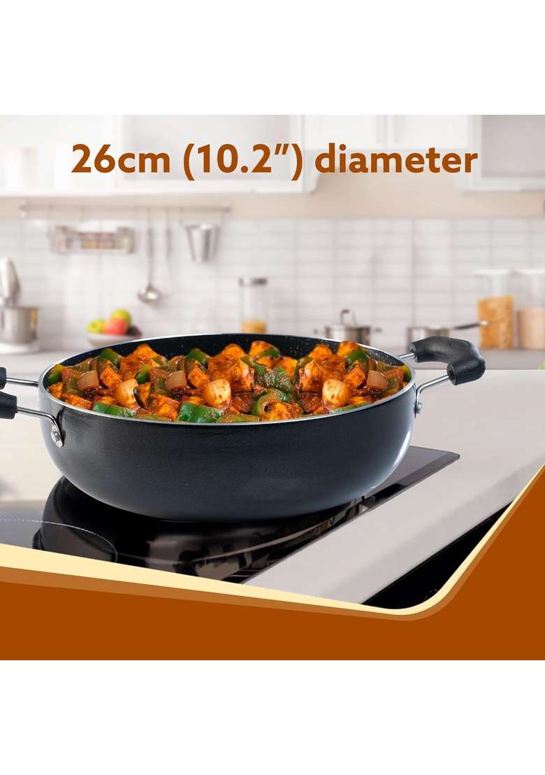 AGARO Elegant Non Stick Kadai Wok with Glass Lid | 3.5 L | 3.7 Qt | 26 cm | 10.2 Inch | Induction Compatible | PFOA Free - Indya