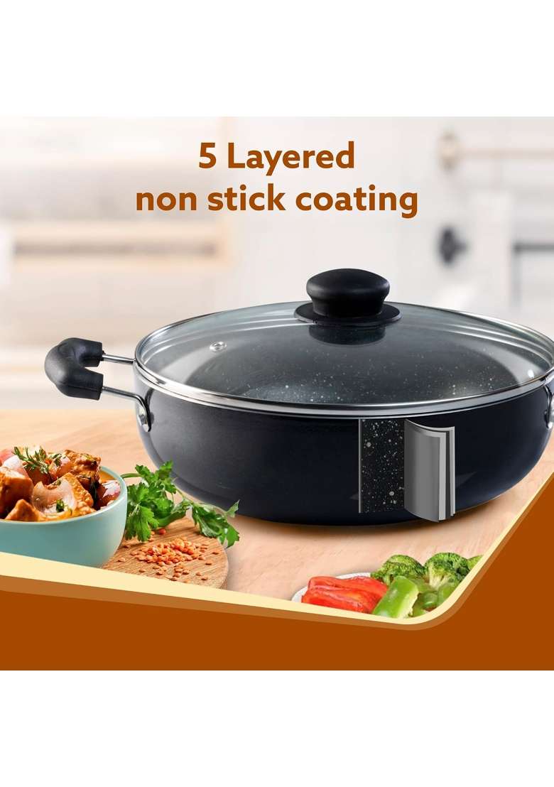 AGARO Elegant Non Stick Kadai Wok with Glass Lid | 3.5 L | 3.7 Qt | 26 cm | 10.2 Inch | Induction Compatible | PFOA Free - Indya