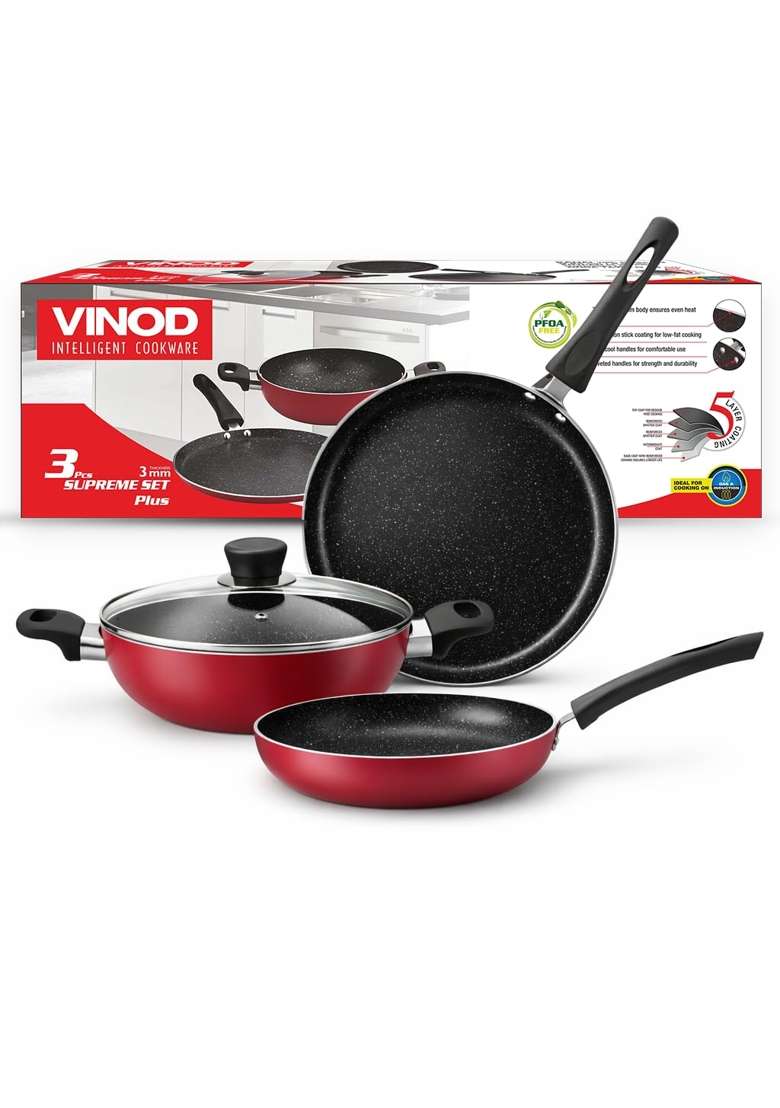 Vinod Supreme Plus Non Stick Cookware Set Combo | 1.6 L | 1.7 Qt | 28 cm | 11 Inch | Pack of 3 | Induction Compatible | PFOA Free - Indya