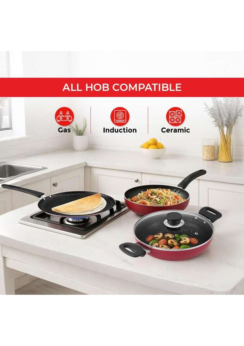 Vinod Supreme Plus Non Stick Cookware Set Combo | 1.6 L | 1.7 Qt | 28 cm | 11 Inch | Pack of 3 | Induction Compatible | PFOA Free - Indya