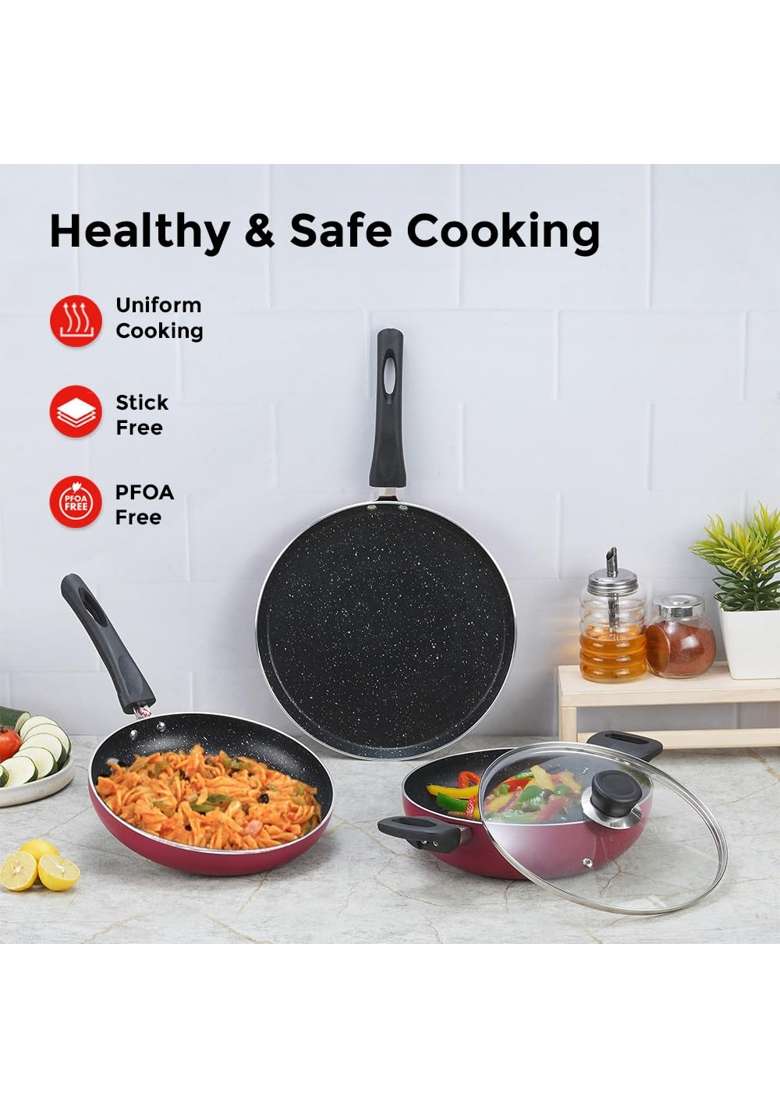 Vinod Supreme Plus Non Stick Cookware Set Combo | 1.6 L | 1.7 Qt | 28 cm | 11 Inch | Pack of 3 | Induction Compatible | PFOA Free - Indya