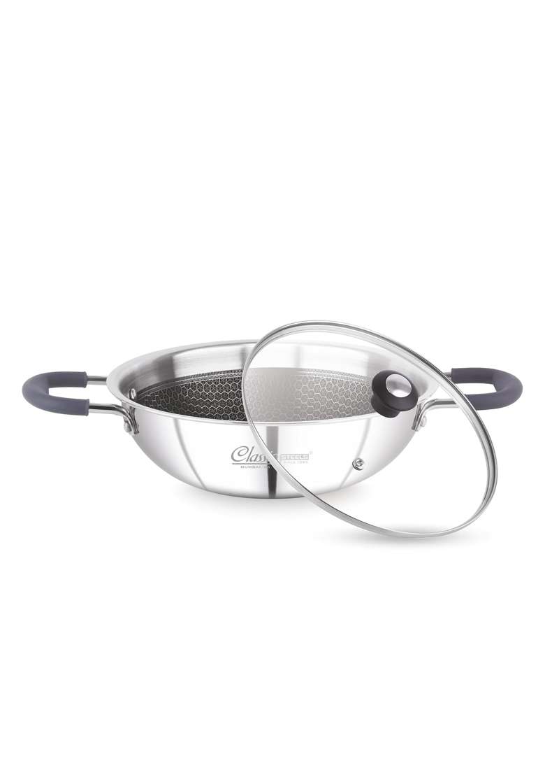 Classic Steels Hexa Comb Triply Kadai Wok with Glass Lid | 2 L | 2.1 Qt | 22 cm | 8.7 Inch | Induction Compatible | Non-Stick - Indya
