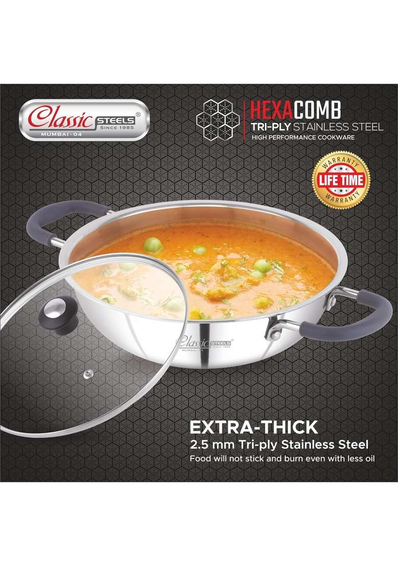 Classic Steels Hexa Comb Triply Kadai Wok with Glass Lid | 2 L | 2.1 Qt | 22 cm | 8.7 Inch | Induction Compatible | Non-Stick - Indya