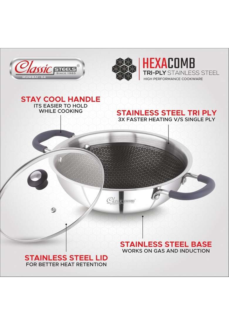 Classic Steels Hexa Comb Triply Kadai Wok with Glass Lid | 2 L | 2.1 Qt | 22 cm | 8.7 Inch | Induction Compatible | Non-Stick - Indya