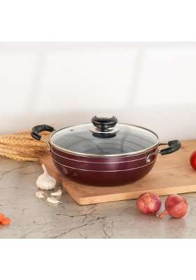 Sumeet Elegantia Induction Base Non Stick Aluminium Deep Kadai Wok with Glass Lid | 1800 ml | 60.9 fl oz | 21.5 cm | 8.5 Inch