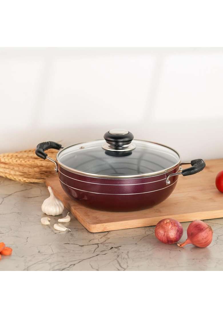 Sumeet Elegantia Induction Base Non Stick Aluminium Deep Kadai Wok with Glass Lid | 1800 ml | 60.9 fl oz | 21.5 cm | 8.5 Inch - Indya