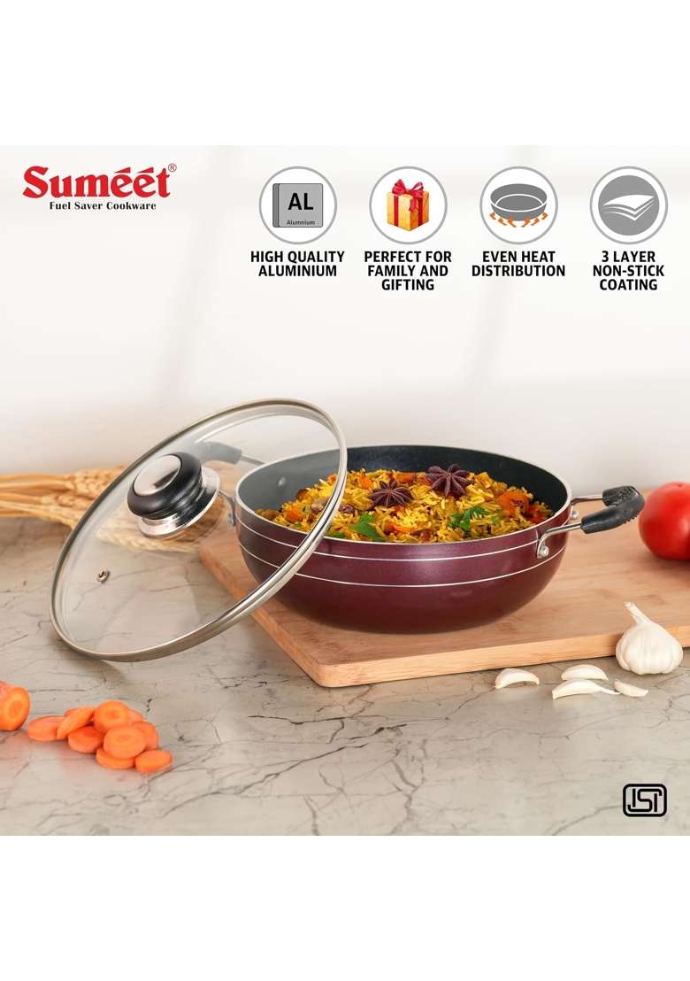 Sumeet Elegantia Induction Base Non Stick Aluminium Deep Kadai Wok with Glass Lid | 1800 ml | 60.9 fl oz | 21.5 cm | 8.5 Inch - Indya