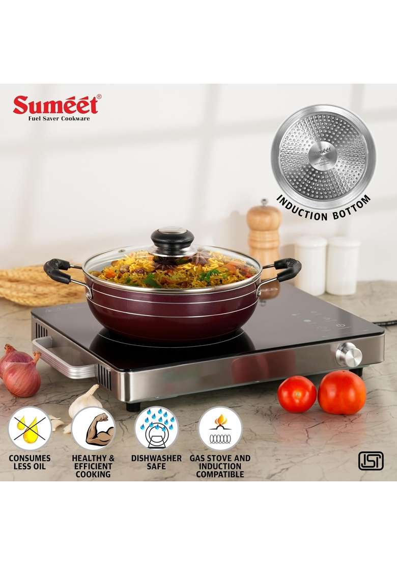 Sumeet Elegantia Induction Base Non Stick Aluminium Deep Kadai Wok with Glass Lid | 1800 ml | 60.9 fl oz | 21.5 cm | 8.5 Inch - Indya