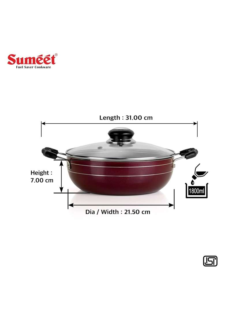 Sumeet Elegantia Induction Base Non Stick Aluminium Deep Kadai Wok with Glass Lid | 1800 ml | 60.9 fl oz | 21.5 cm | 8.5 Inch - Indya