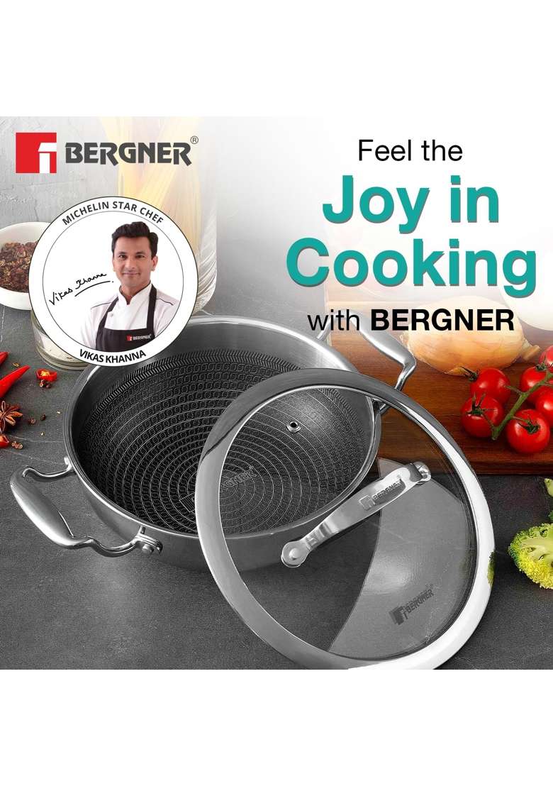 BERGNER Hi-Tech TriPly Stainless Steel | 1.5 L | 1.6 Qt | 20 cm | 7.9 Inch | Induction Compatible | Non-Toxic | Non-Stick | With Lid - Indya