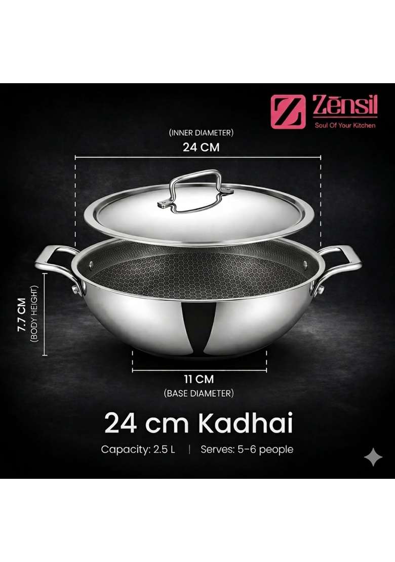 ZENSIL Hexaprime Hybrid | 2.5 L | 2.6 Qt | 24 cm | 9.4 Inch | Induction Compatible | Heavy Bottom | PFOA Free | Non-Stick - Indya