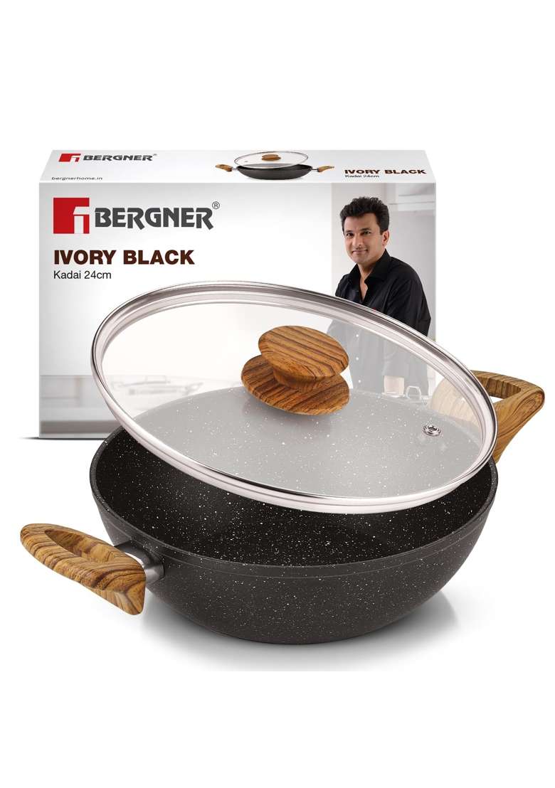 BERGNER Ivory Black Granite Non-Stick | 2.5 L | 2.6 Qt | 24 cm | 9.4 Inch | Induction Compatible | PFOA Free | With Lid - Indya