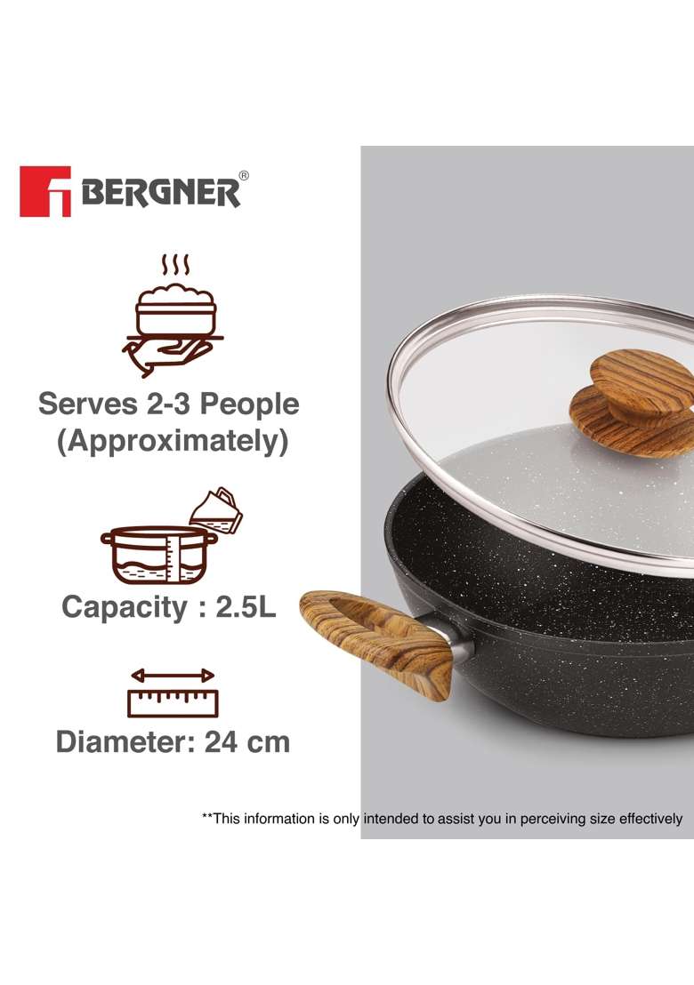BERGNER Ivory Black Granite Non-Stick | 2.5 L | 2.6 Qt | 24 cm | 9.4 Inch | Induction Compatible | PFOA Free | With Lid - Indya