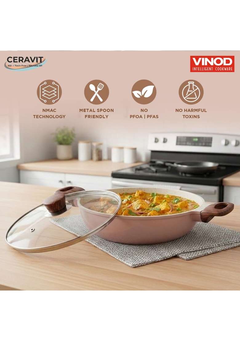 Vinod Ceravit Deep Kadai Wok with Glass Lid | 1.8 L | 1.9 Qt | 22 cm | 8.7 Inch | Induction Compatible | PFOA Free | Non-Stick - Indya