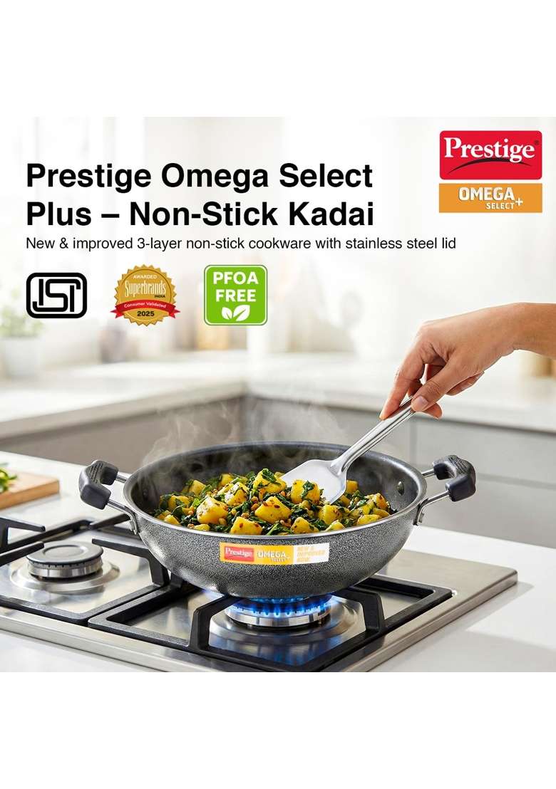 Prestige Omega Select Plus - Non-Stick Kadai Wok with SS Lid | 3 L | 3.2 Qt | 25 cm | 9.8 Inch | PFOA Free - Indya