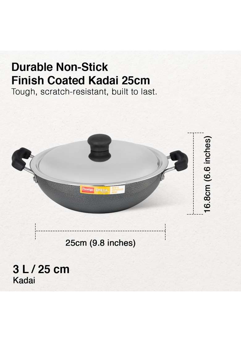 Prestige Omega Select Plus - Non-Stick Kadai Wok with SS Lid | 3 L | 3.2 Qt | 25 cm | 9.8 Inch | PFOA Free - Indya
