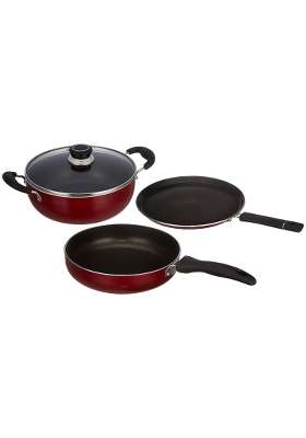 Solimo Amazon Brand Solimo 3-Piece Aluminium Cookware Set | Induction Compatible | PFOA Free | Non-Stick