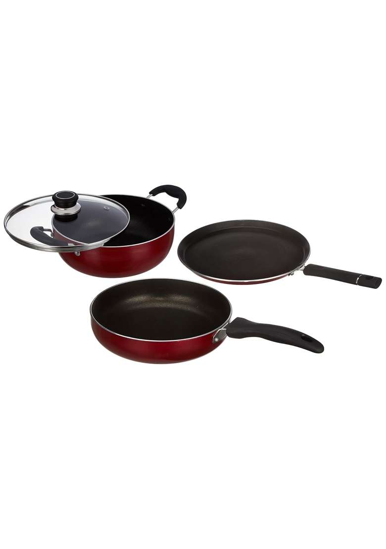 Solimo Amazon Brand Solimo 3-Piece Aluminium Cookware Set | Induction Compatible | PFOA Free | Non-Stick - Indya
