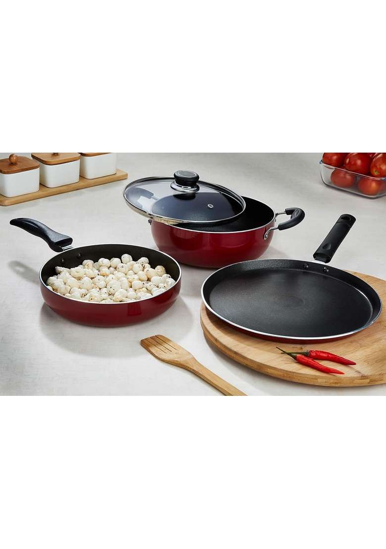 Solimo Amazon Brand Solimo 3-Piece Aluminium Cookware Set | Induction Compatible | PFOA Free | Non-Stick - Indya