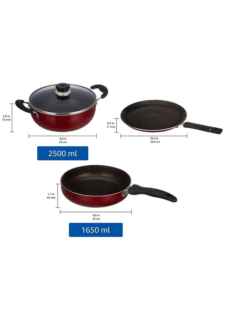 Solimo Amazon Brand Solimo 3-Piece Aluminium Cookware Set | Induction Compatible | PFOA Free | Non-Stick - Indya