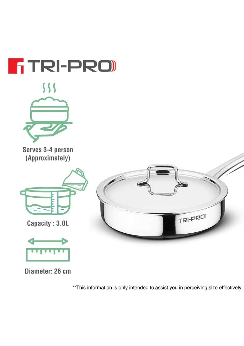 BERGNER TriPro Tri-Ply Stainless Steel | 3 L | 3.2 Qt | 26 cm | 10.2 Inch | Induction Compatible | With Lid - Indya