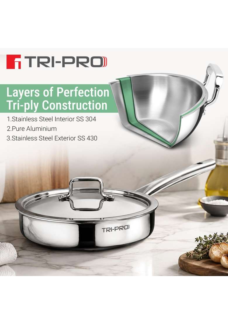 BERGNER TriPro Tri-Ply Stainless Steel | 3 L | 3.2 Qt | 26 cm | 10.2 Inch | Induction Compatible | With Lid - Indya