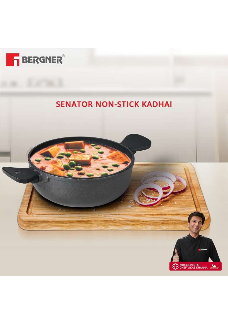 BERGNER Senator Die-Cast Non-Stick Kadai Wok with Glass Lid | 2.5 L | 2.6 Qt | 20 cm | 7.9 Inch - Indya