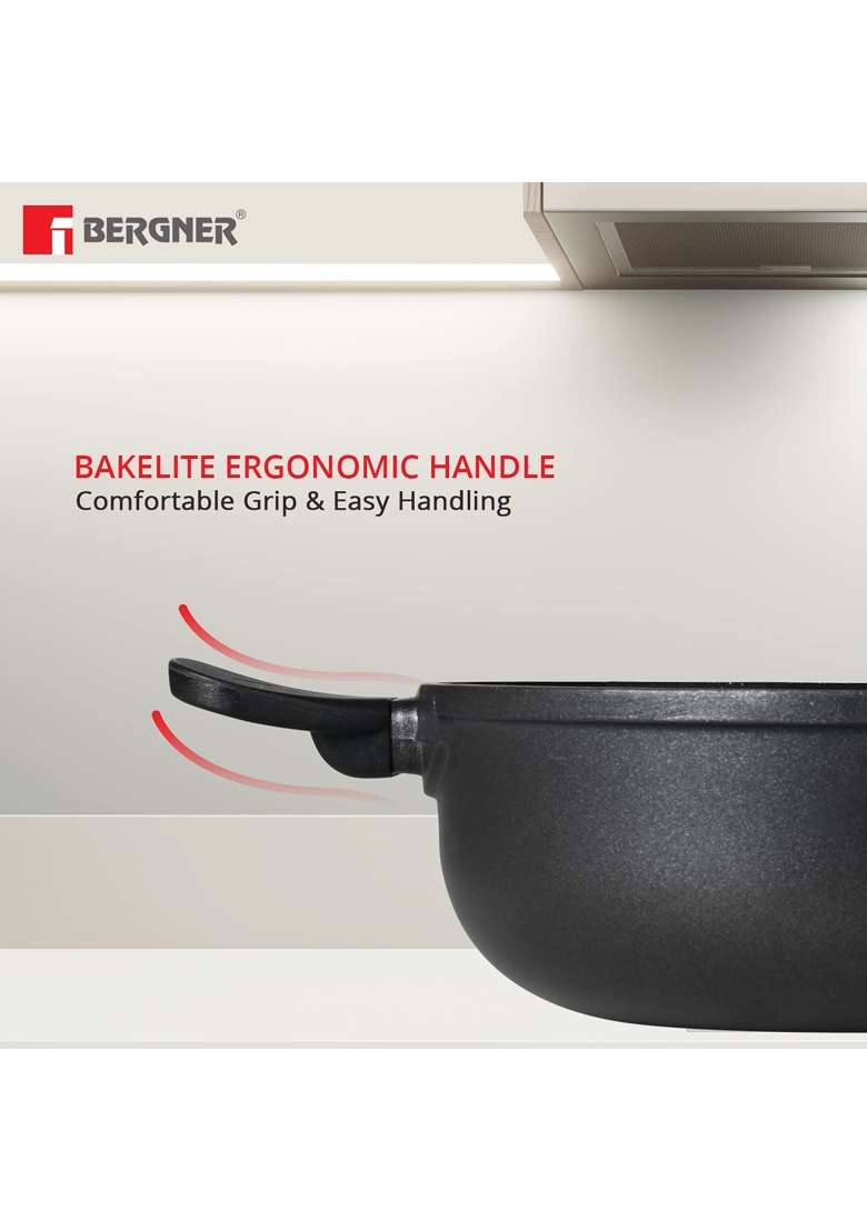 BERGNER Senator Die-Cast Non-Stick Kadai Wok with Glass Lid | 2.5 L | 2.6 Qt | 20 cm | 7.9 Inch - Indya